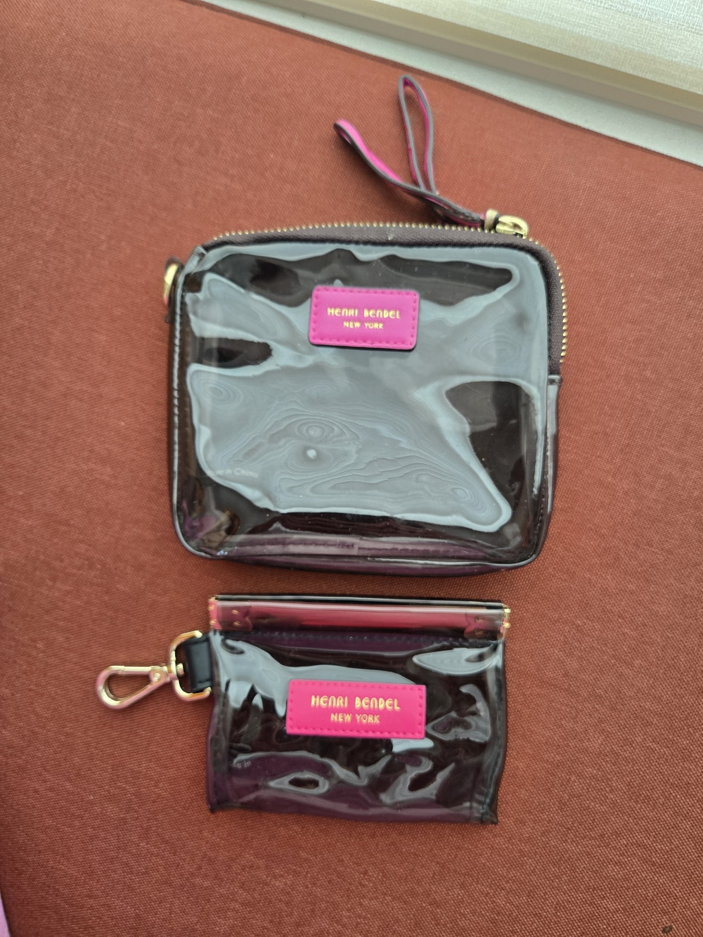 Henri Bendel Dark Brown  Cosmetic Pouch and Coin Purse with Pink Accents